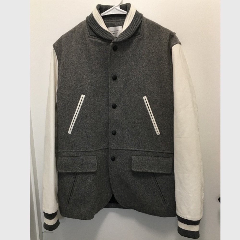 πSHADES OF GREY By MICAH COHEN Wool Blend Bomber Letterman Jacket Blazer Gray S - Picture 1 of 11